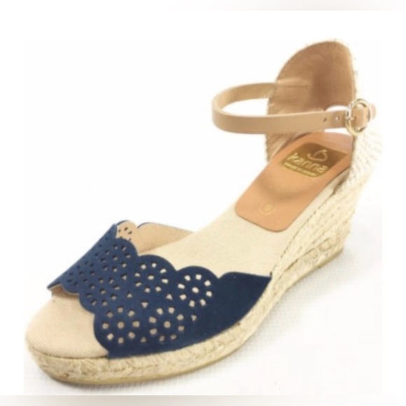 Kanna NWOB, Blue/Tan Espadrille Wedges with Leather Upper,Ankle Strap, Size 9